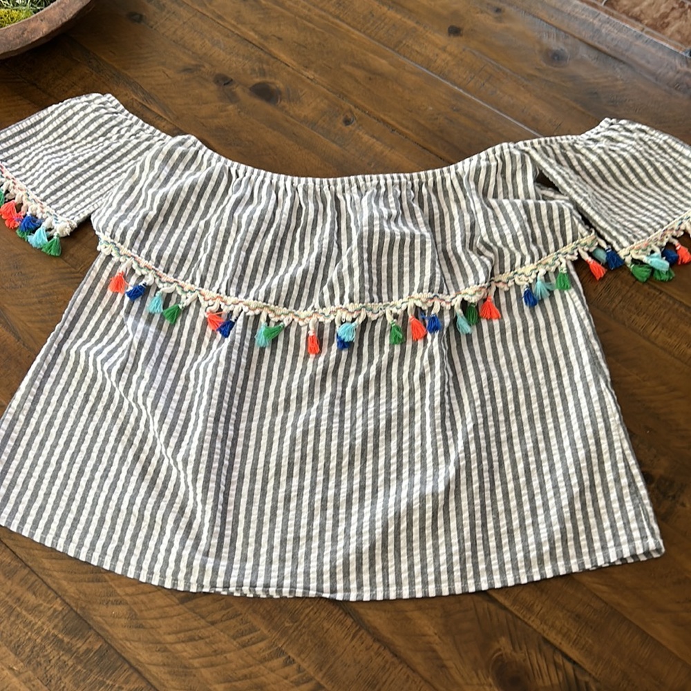 Promesa brand gray/white stripe seersucker top.  Tassels details.  Size Large.